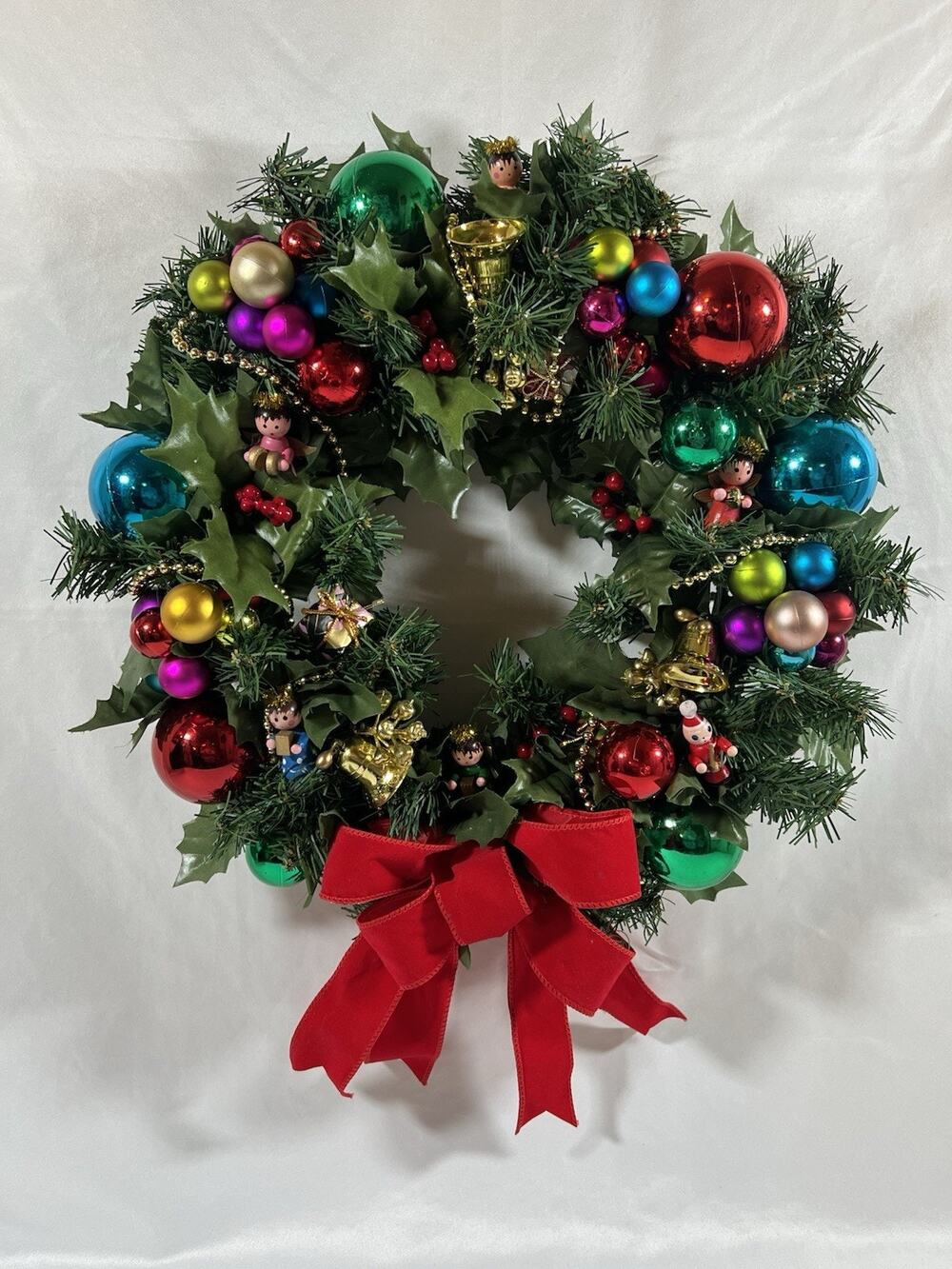Vintage 16” Christmas Wreath Wood Angel Colorful Balls Gold Beads Red Velvet Bow